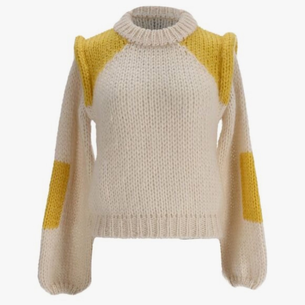 Ganni Julliard Knitted Color-Block Sweater in Cream and Yellow Mohair Wool